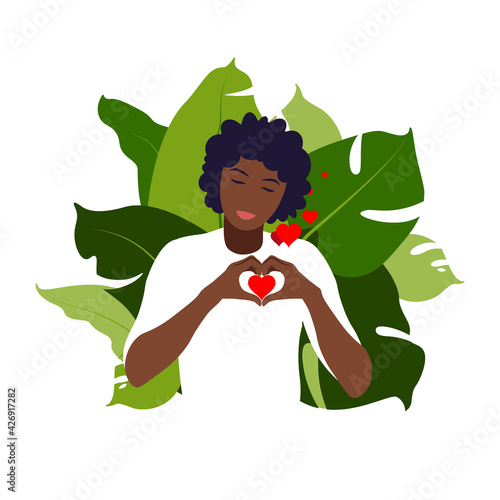 Young african woman hugs a big heart with love and care. Self care and body positive concept. Feminism, fight for your rights, girl power concept. Flat.