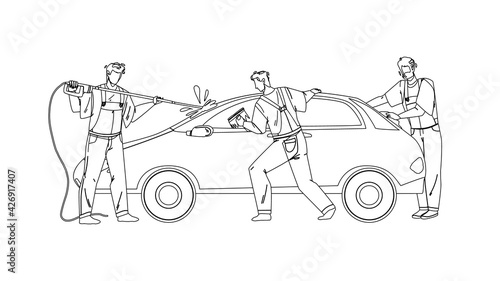 Car Wash Service Workers Washing Automobile Black Line Pencil Drawing Vector. Car Wash Station Man With Equipment Water Spraying, Cleaning And Wiping Windows With Rag. Characters Business Illustration