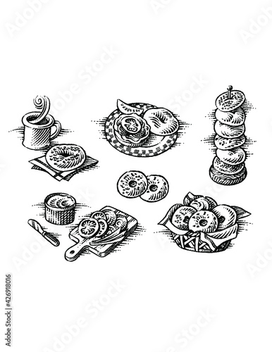 Black and white illustrations of bagels