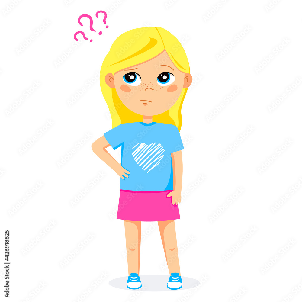 Cute blonde kid girl thinks with question marks. Vector Cute blonde kid girl thinks with question marks. Vector