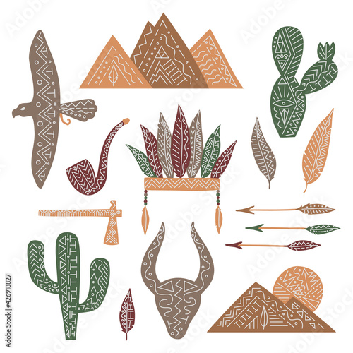 Set of wild west elemets, isolated vector feathers, pipe, eagle, cactuses, mountains, bull, arrows. Can use for menu, web, stickers, decorating.