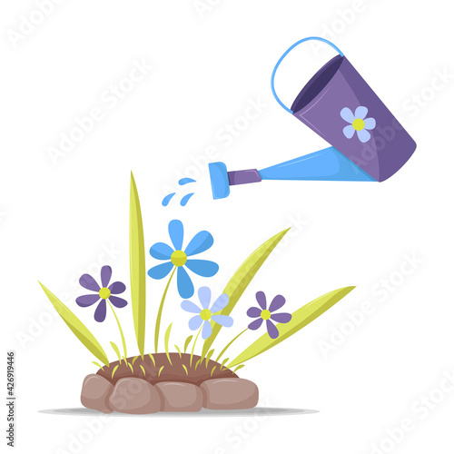 Gardening tools watering can and flowerbed isolated on white background