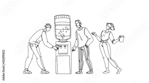 People Drinking Fresh Water From Cooler Black Line Pencil Drawing Vector. Office Colleagues Filling Cups With Hot And Cold Liquid From Cooler Equipment. Thirsty Characters Men And Woman Having Break