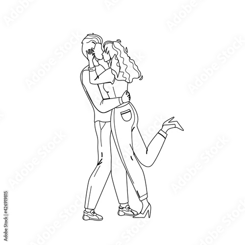 Fototapeta Naklejka Na Ścianę i Meble -  Couple In Love Embracing And Kiss Together Black Line Pencil Drawing Vector. Young Man And Woman Love Embrace And Kissing. Characters Boyfriend And Girlfriend Romantic Relationship Illustration