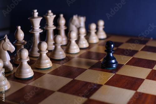 a black pawn is alone in front of the white pieces on the chessboard