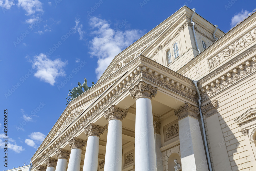 Exterior of the historic building of the Bolshoi Theater in Moscow. Founded in 1776. Symbol of Russia for all time