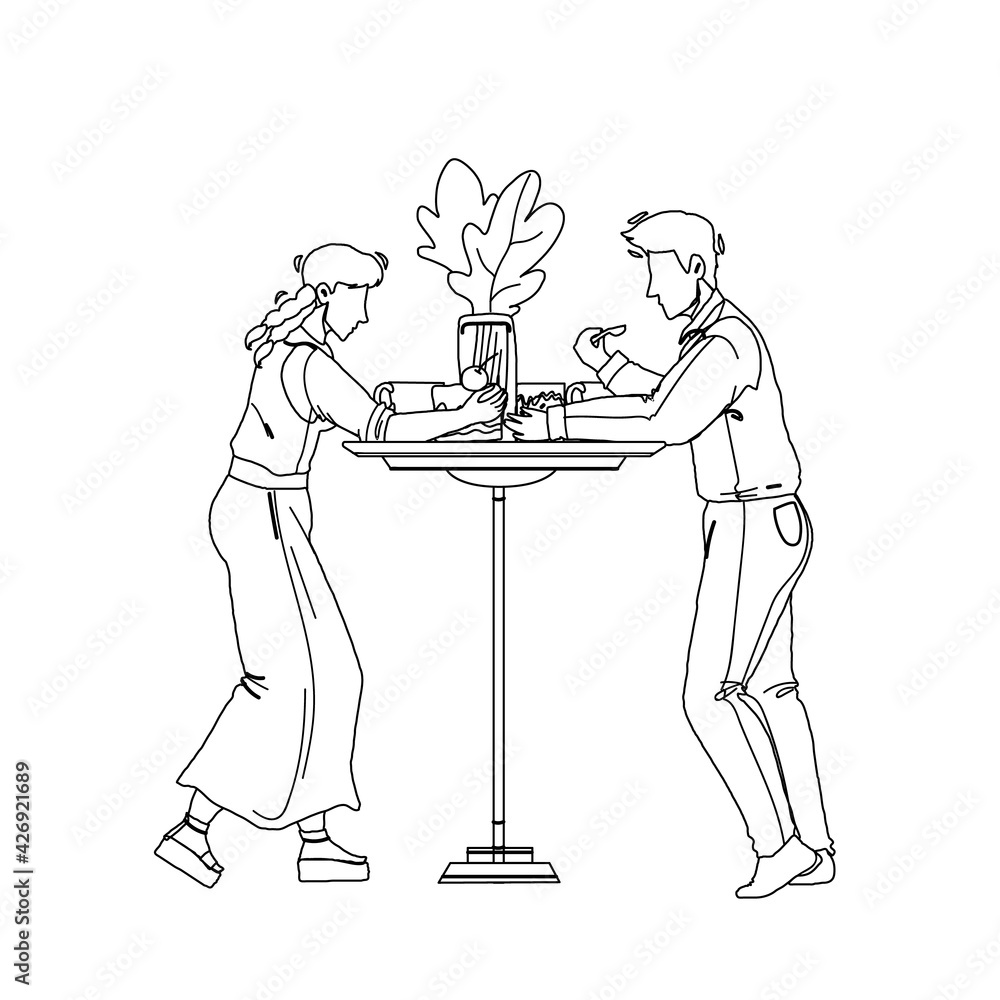 Dessert Eating Man And Woman At Cafe Table Black Line Pencil Drawing  Vector. Boy And Girl Couple Eat Delicious Dessert Nutrition At Kitchen  Desk. Characters With Sweet Baked Creamy Food Illustration Stock