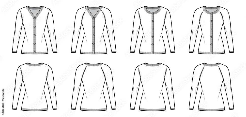 Set of Cardigans Sweater technical fashion illustration with rib crew V- neck, long raglan sleeves, button closure slim fit, knit trim. Flat apparel front, back, white color. Women, men unisex mockup Set of Cardigans Sweater technical fashion illustration with rib crew V- neck, long raglan sleeves, button closure slim fit, knit trim. Flat apparel front, back, white color. Women, men unisex mockup
