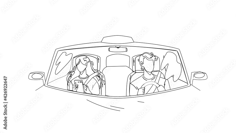 Driver Man Driving Car And Carrying Girl Black Line Pencil Drawing Vector. Driver Drive