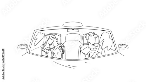 Driver Man Driving Car And Carrying Girl Black Line Pencil Drawing Vector. Driver Drive Transport With Passenger Young Woman. Characters Guy And Lady In Transport, Taxi Carry Client Illustration