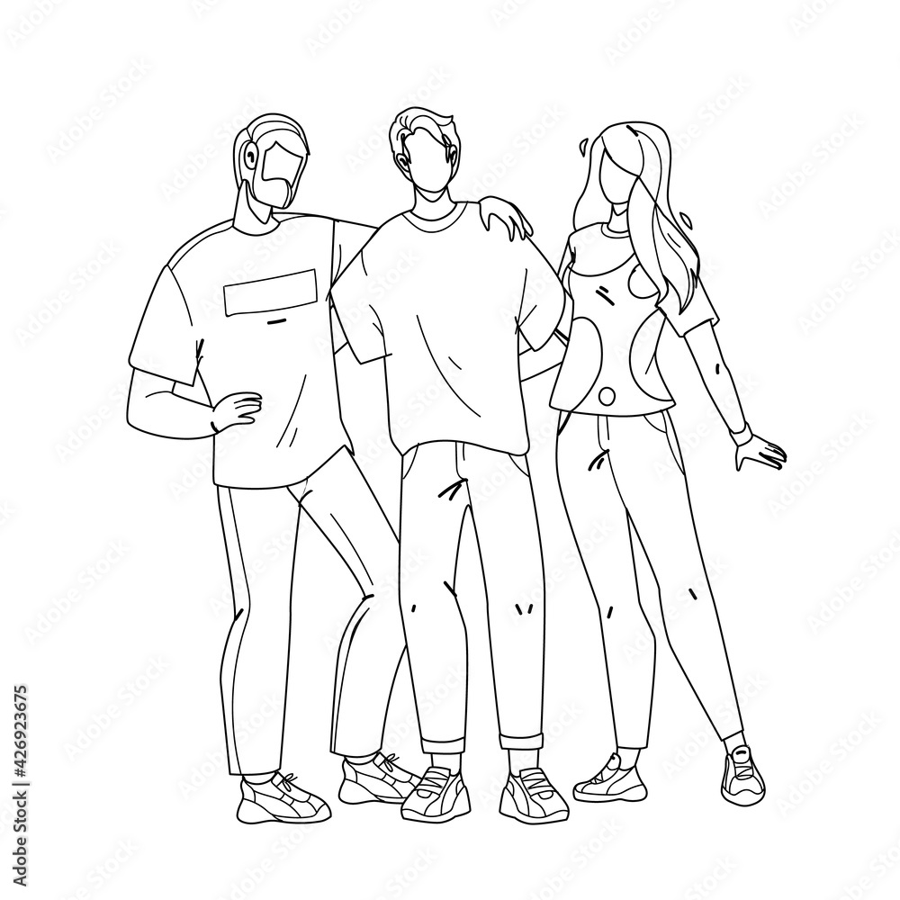 Employee Team Stay Together And Embracing Black Line Pencil Drawing Vector. Company Employee Young Command Men And Girl. Characters Colleagues, Business People Flat, Teamwork And Partnership Cartoon Employee Team Stay Together And Embracing Black Line Pencil Drawing Vector. Company Employee Young Command Men And Girl. Characters Colleagues, Business People Flat, Teamwork And Partnership Cartoon