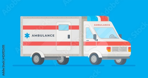 Vector illustration of a medical car on a blue background. First aid. First aid ambulance ambulance paramedic. Medical evacuation ambulance. Cartoon ambulance silhouette on blue background. 