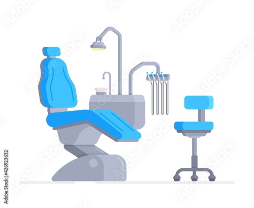 Vector illustration of a three-dimensional dental chair. Interior design of dental office concept. Armchair for patient, chair for doctor, lamp, special tools. Furniture and equipment for medical prof