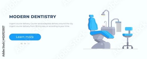 Vector illustration of a three-dimensional dental chair. Interior design of dental office concept. Armchair for patient, chair for doctor, lamp, special tools. Furniture and equipment for medical prof