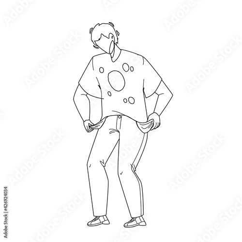 Empty Pocket Of Bankruptcy Poor Young Man Black Line Pencil Drawing Vector. Boy With Empty Pocket Without Money To Pay Debt In Payday  Economy Financial Crisis. Character Bankrupt With Finance Problem