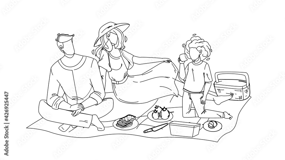 Family Picnic Man, Woman And Girl In Nature Black Line Pencil Drawing Vector. Father, Mother And Daughter Relaxing On Family Picnic. Characters Sitting On Ground In Park And Eating Food Together Family Picnic Man, Woman And Girl In Nature Black Line Pencil Drawing Vector. Father, Mother And Daughter Relaxing On Family Picnic. Characters Sitting On Ground In Park And Eating Food Together