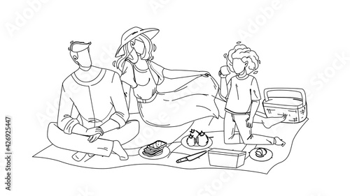 Family Picnic Man, Woman And Girl In Nature Black Line Pencil Drawing Vector. Father, Mother And Daughter Relaxing On Family Picnic. Characters Sitting On Ground In Park And Eating Food Together