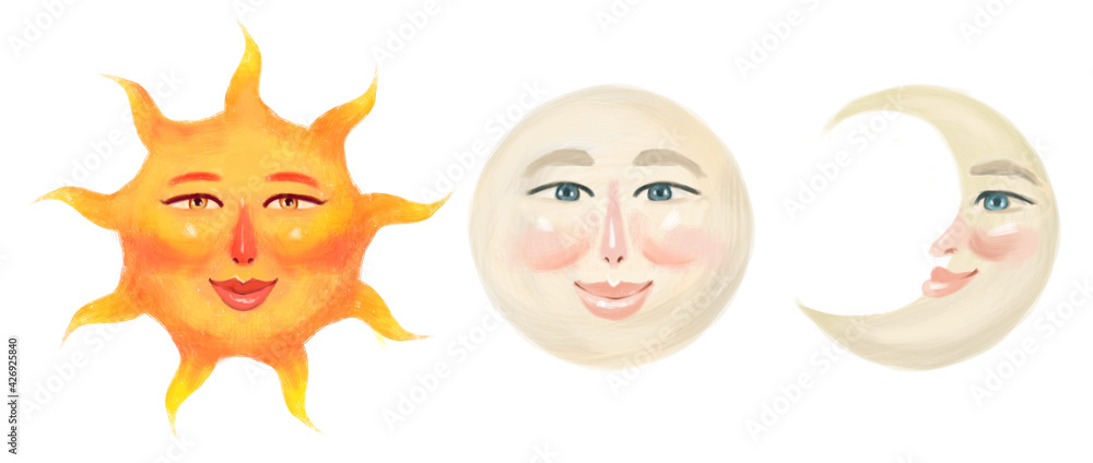set of graphic hand-drawn elements. Moon, sun, crescent moon on a white background, stylized with faces. Retro style, vintage