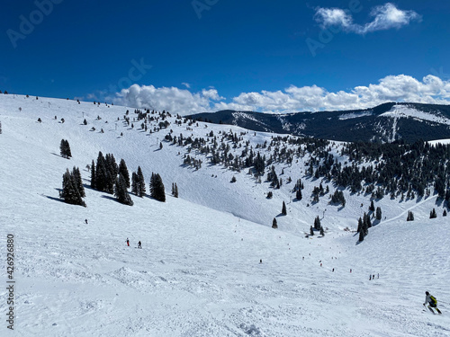 Panoramic view of skiing slopes in Vail, Colorado