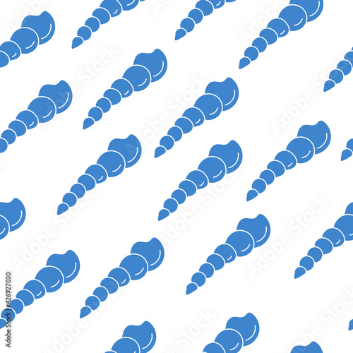 seamless pattern silhouettes of molluscs with spiral shell, blue seashells on white background