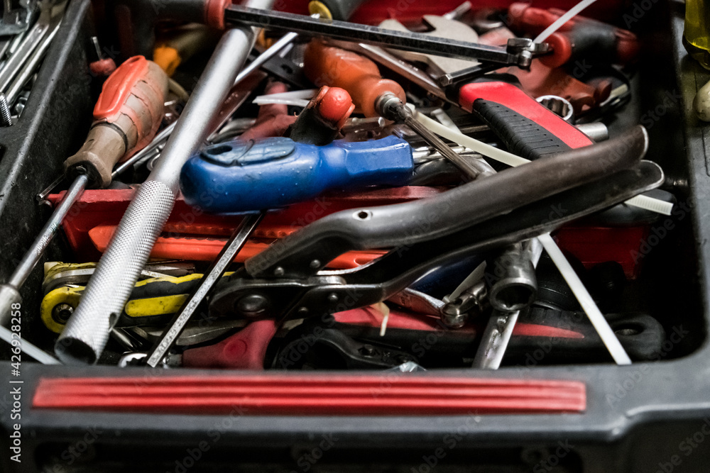 Tools for car repair, transport. Hand tool. Wrenches, screwdriver, hammer, wire cutters, pliers. Repair shop. Tools for car repair, transport. Hand tool. Wrenches, screwdriver, hammer, wire cutters, pliers. Repair shop.