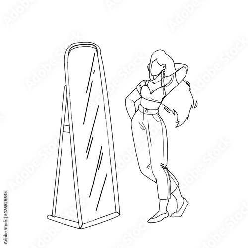 At Mirror Reflection Looking Stylish Girl Black Line Pencil Drawing Vector. Young Woman Standing In Front Of Mirror At Home Or Clothing Store. Character Lady In Fashion Clothes, Narcissism