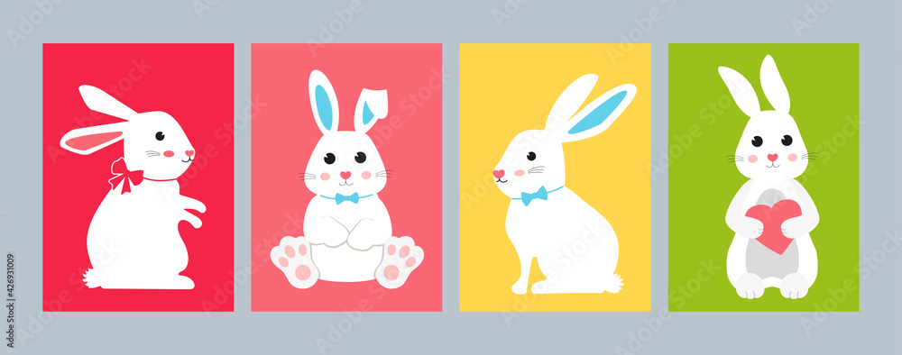 A set of silhouettes with hares for creativity. White rabbits with bows on a bright background. To decorate the nursery or create icons. A set of silhouettes with hares for creativity. White rabbits with bows on a bright background. To decorate the nursery or create icons.