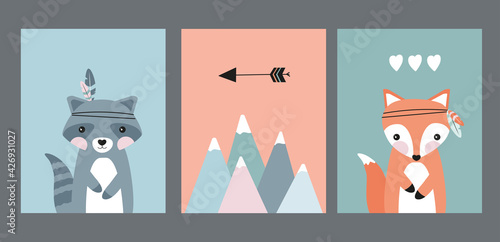 Set of posters for children. Posters featuring a fox, a raccoon with feathers and a mountain on a blue-green and orange background. Wall decor for a nursery or playroom. As a birthday present.