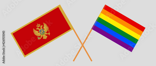 Crossed flags of Montenegro and LGBTQ. Official colors. Correct proportion