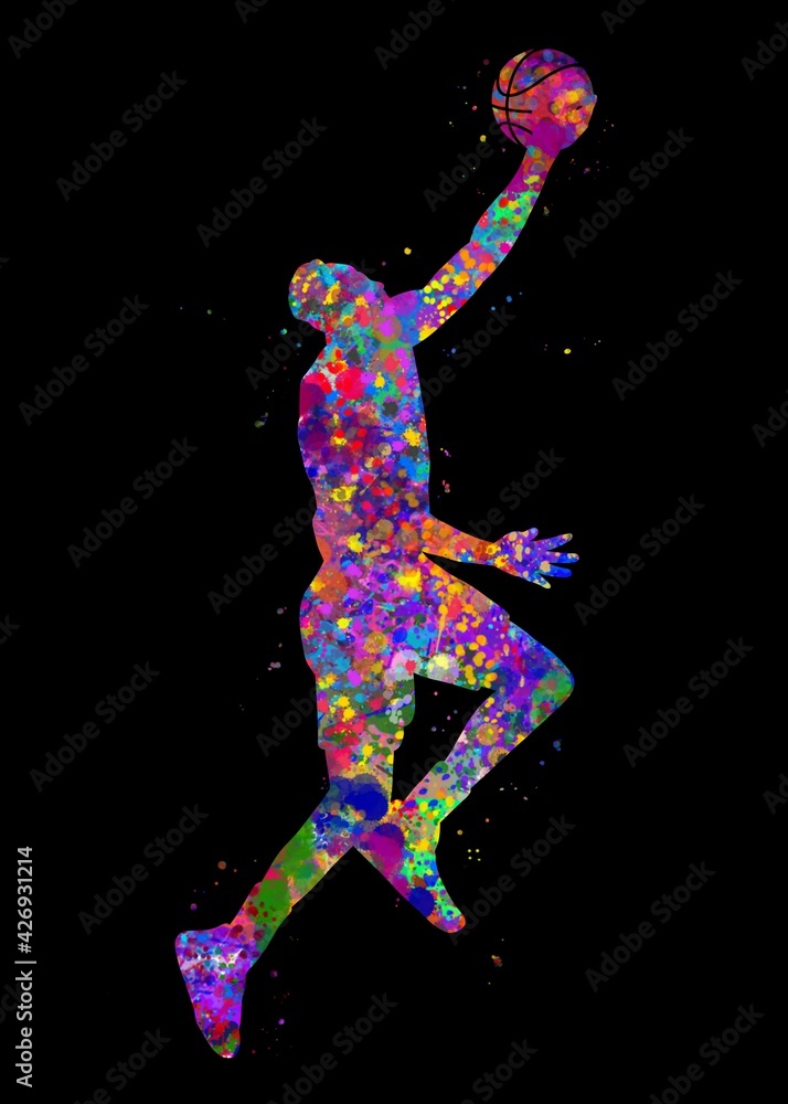 Basketball player dunk watercolor art with black background, abstract sport painting. sport art print, watercolor illustration rainbow, colorful, decoration wall art.