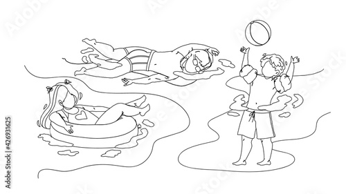 Kids Swimming And Playing In Waterpool Black Line Pencil Drawing Vector. Boy Play With Ball And Swim, Girl Floating On Lifebuoy, Children In Swimming Pool. Characters Summer Vacation Playful Time