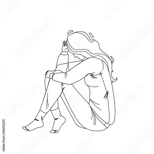 Loneliness Unhappy Woman Sitting On Floor Black Line Pencil Drawing Vector. Loneliness Sad Young Girl Touching Hair. Character Lady Psychological And Mental Troubles, Suffering From Bad Relationship