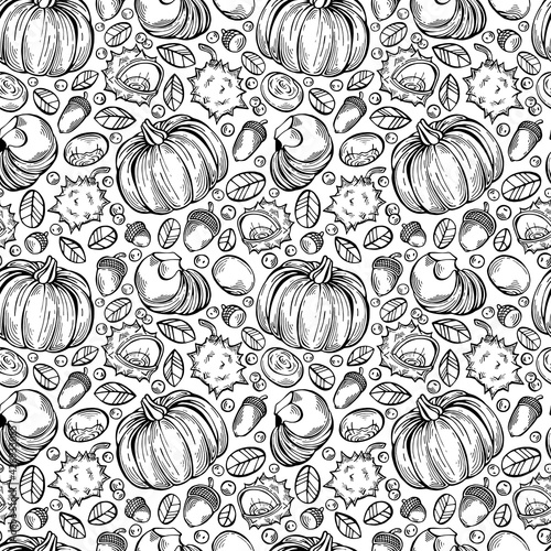 Hand-drawn black and white seamless pattern with rowan berries, pumpkins, chestnuts and leaves. Can be used for gift paper, textile, autumn greeting cards, wallpaper, pattern fill. Vector illustration