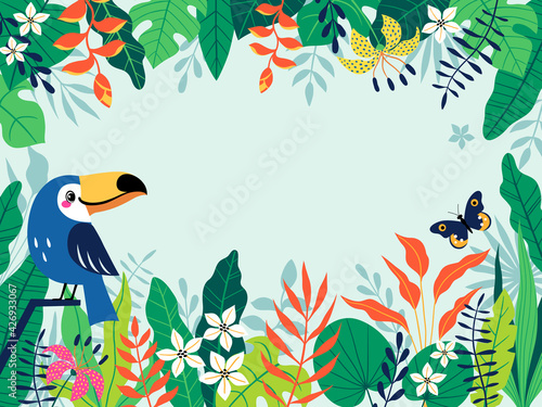 Bright colorful tropical background with cute toucan, butterfly, leaves, flowers and place for your text. Vector image is cropped with clipping mask.