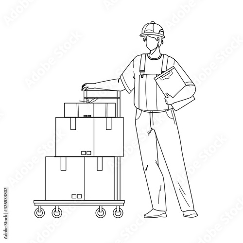 Mover Delivery Service Worker With Cart Black Line Pencil Drawing Vector. Mover Man Delivering Boxes With Customer Order Goods. Character Courier Move And Carrying Cardboard Packages Illustration