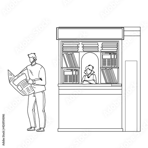 Newspaper Reading Man Near Street Newsstand Black Line Pencil Drawing Vector. Young Boy Buy And Read Newspaper Article And News Outdoor. Characters Customer Guy And Magazines Seller Lady Illustration