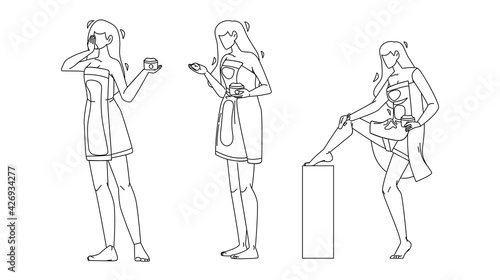 Girl Ointment Package And Massaging Leg Set Black Line Pencil Drawing Vector. Young Woman Holding Ointment Container, Cream On Hand And Body Applying. Character Beauty Cosmetics Treatment Illustration
