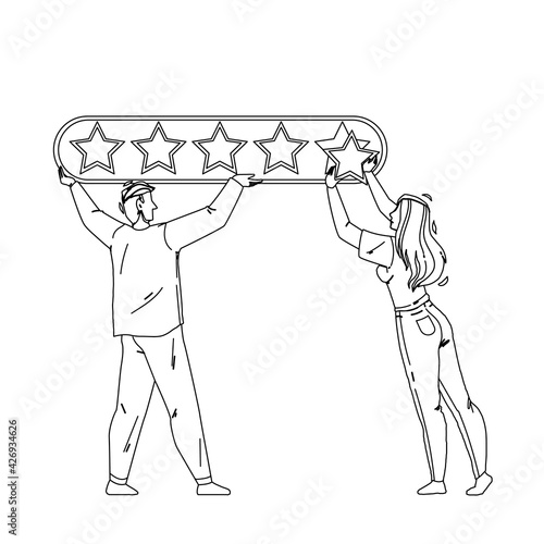 Online Survey Form Filling People Couple Black Line Pencil Drawing Vector. Young Man And Woman Online Survey, Review And Feedback. Characters Electronic Evaluation And Put An Assessment Service