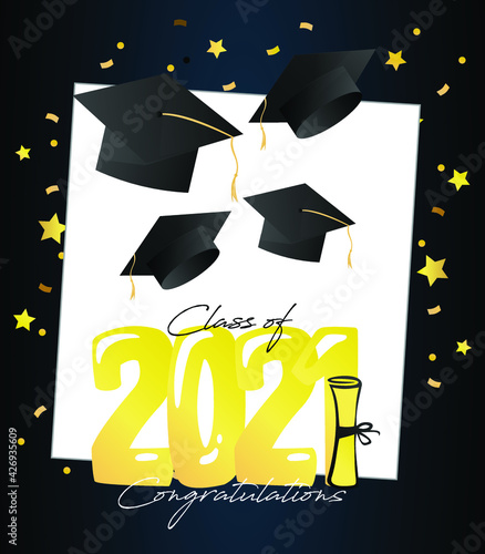 Graduation cap and straw and congratulations class of 2021 calligraphy lettering template for graduation party invitations yellow details