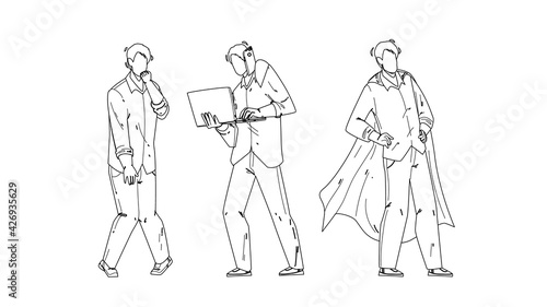 Personal Growth Business Skills Businessman Black Line Pencil Drawing Vector. Unemployed Man, Hard Working And Communication With Partner, Personal Growth To Super Hero. Character Guy Self-development