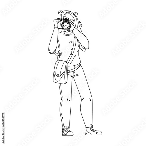 Photographer Girl Make Photo With Camera Black Line Pencil Drawing Vector. Young Woman Photographer Making Photography On Professional Digital Device. Character Hobby Leisure Time Or Work Illustration