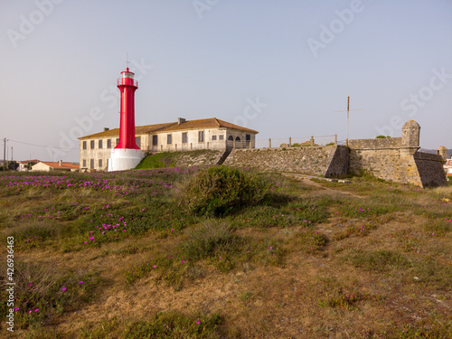 The Farol de Esposende (Esposende Lighthouse) set in front of the Fort of Sao Joao Baptista de Esposende is situated at the mouth of Cavado river, north of Portugal.