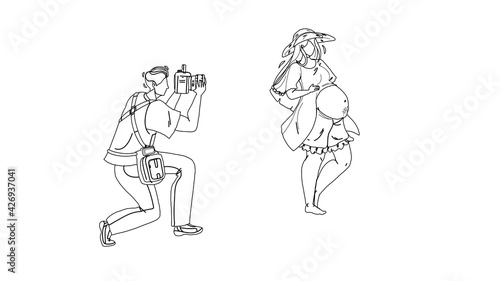 Pregnant Woman Making Photo Photographer Black Line Pencil Drawing Vector. Man Using Digital Camera And Shooting Pregnancy Young Girl. Characters Photographing, Taking Picture On Gadget Illustration