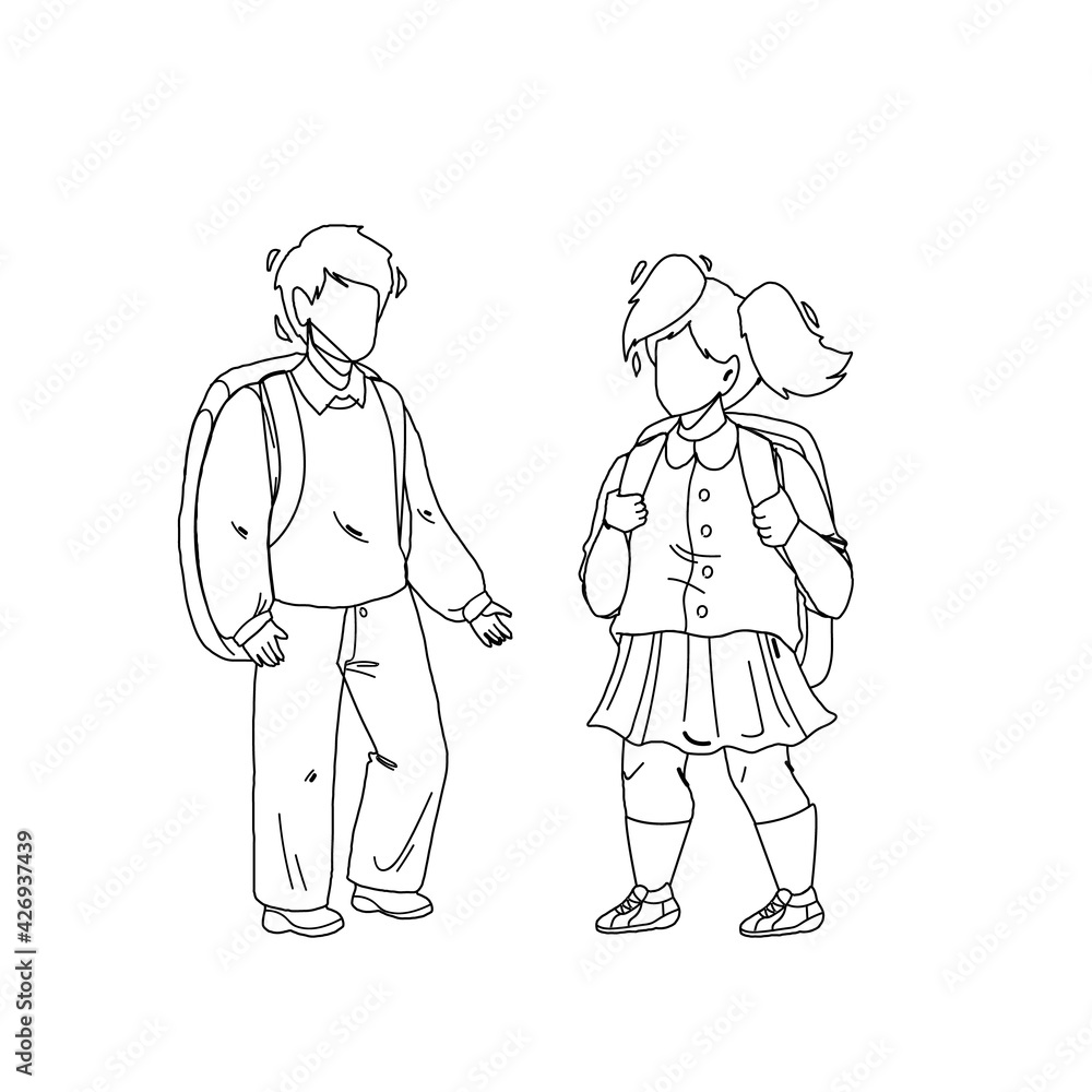 Pupils Kids With Backpack Staying Together Black Line Pencil Drawing Vector. Pupils Boy And Girl Going To Elementary School On Educational Lesson. Characters Children Schoolboy And Schoolgirl Studying