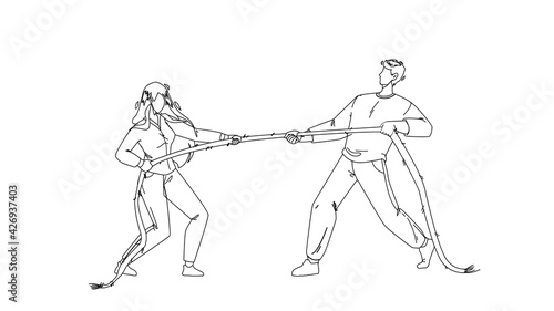 Pulling Rope Young Man And Woman Together Black Line Pencil Drawing Vector. Boy And Girl Pulling Rope, Sportive Exercise And Activity. Characters Businesspeople Competition And Exercising Illustration