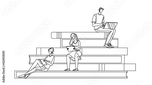 Scholar People Studying Reading On Tribune Black Line Pencil Drawing Vector. Boy Scholar Working With Laptop, Young Girl Watching Tablet And Read Book. Student Education Characters Illustration