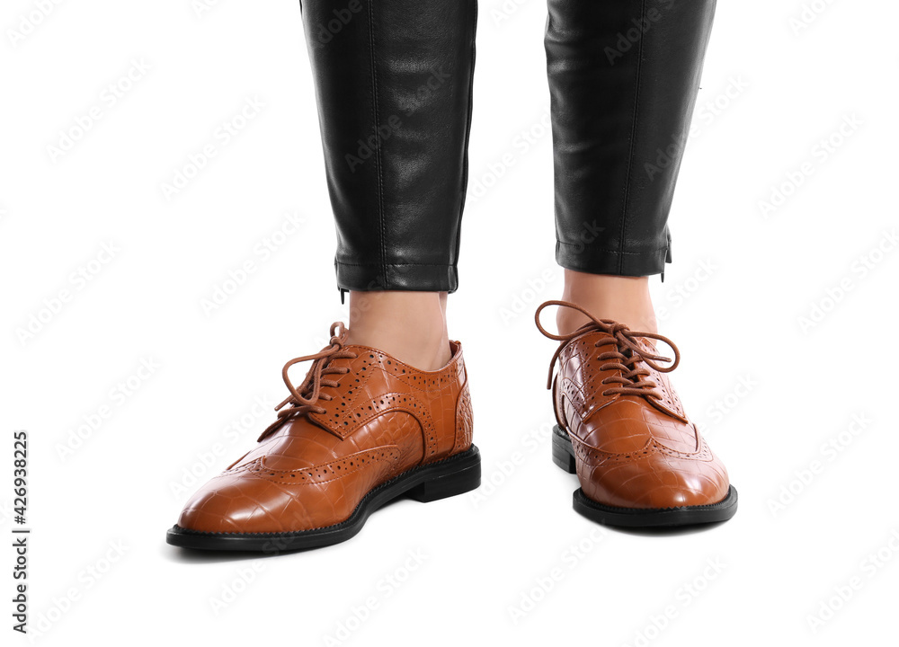 Woman in stylish shoes on white background, closeup