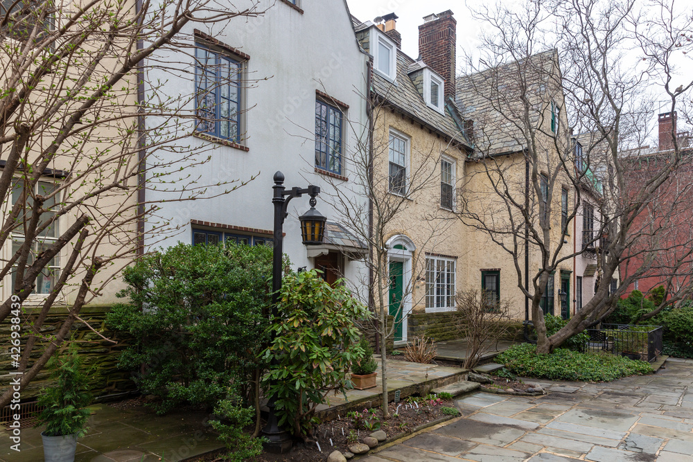 Rows of brownstone apartment buildings in Center City with windows