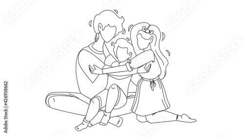 Siblings Sitting On Floor And Embracing Black Line Pencil Drawing Vector. Siblings Brothers And Sisters Kids Playing Together. Relationship Characters Children Family Play Time Togetherness