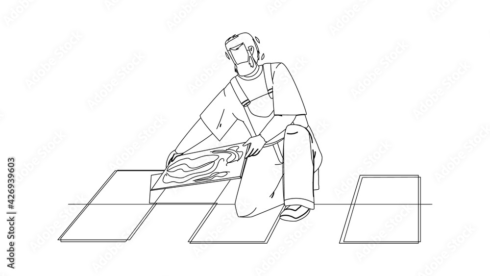 Tiler Man Installing Ceramic Floor Tiles Black Line Pencil Drawing Vector. Tiler Repairman Contractor Tilling Renovation Work. Character Handyman Installer Professional Flooring Working Illustration Tiler Man Installing Ceramic Floor Tiles Black Line Pencil Drawing Vector. Tiler Repairman Contractor Tilling Renovation Work. Character Handyman Installer Professional Flooring Working Illustration